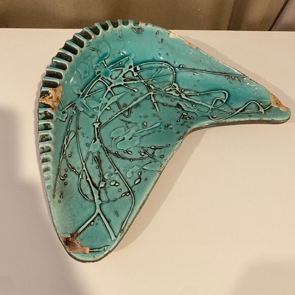 MCM Atomic Turquoise Studio Pottery Cigar Ashtray Glazed Dish 11 - Picture 1 of 8